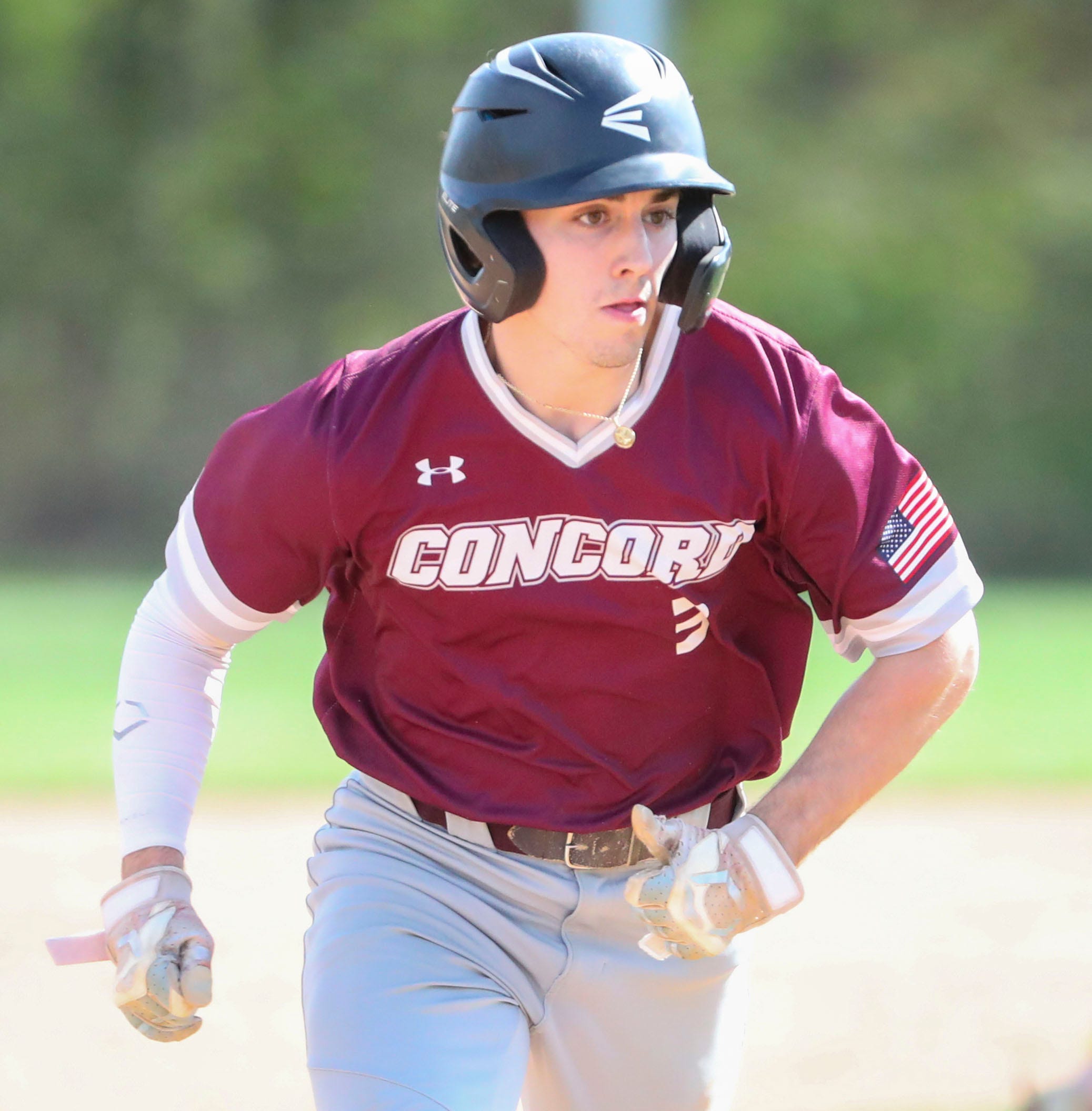 Concord's Jack Pope tries to advance between bases but is left stranded in the first inning of Concord's 3-1 win at Brandywine High School, Tuesday, April 23, 2024.